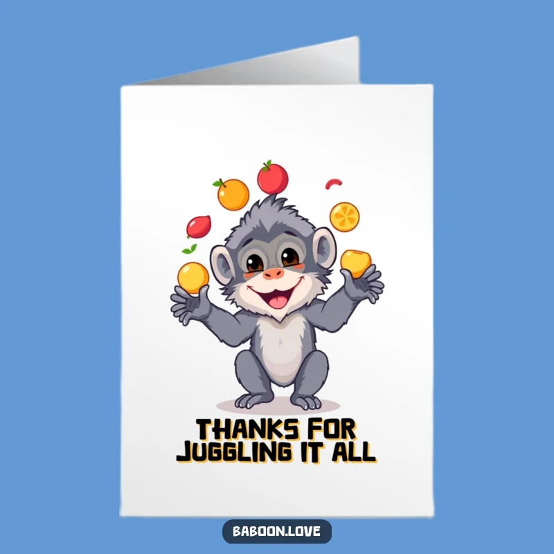 Free Printable Thank You Card: Funny Baboon Juggling Fruits, Express Gratitude with this Downloadable Gift