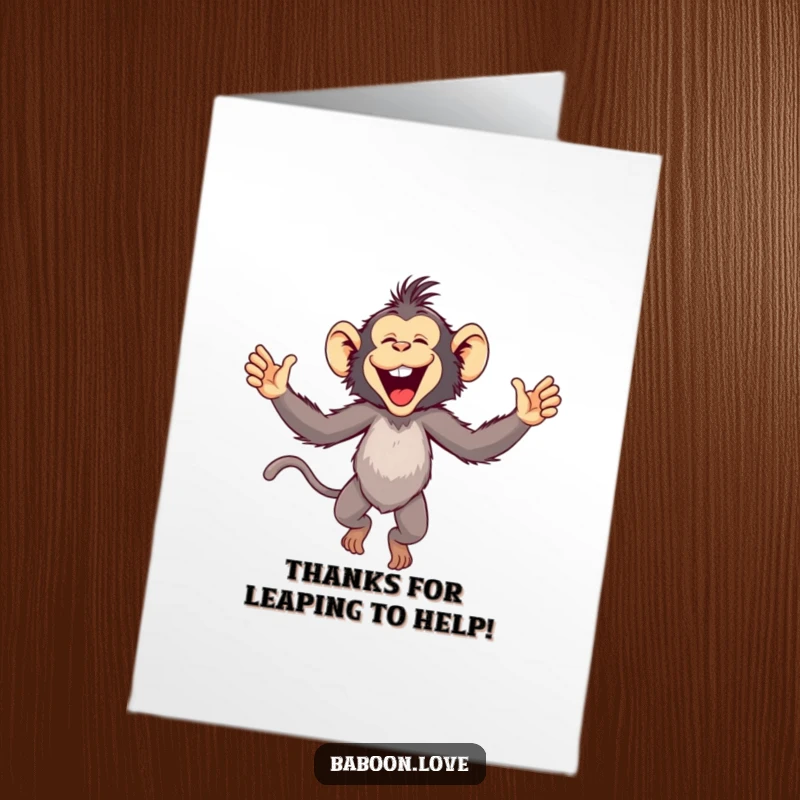 Funny Free Printable Thank You Card: A happy baboon leaping with energy, expressing sincere gratitude playfully.