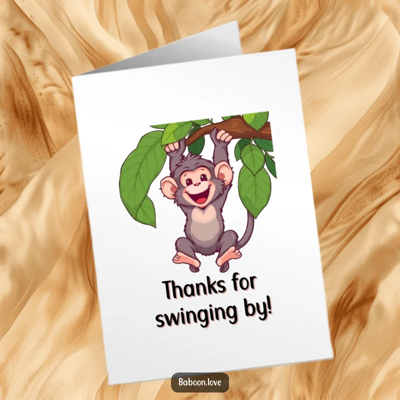 Funny Free Printable Thank You Card: A baboon swinging enthusiastically from a vine, conveying heartfelt thanks with joy.
