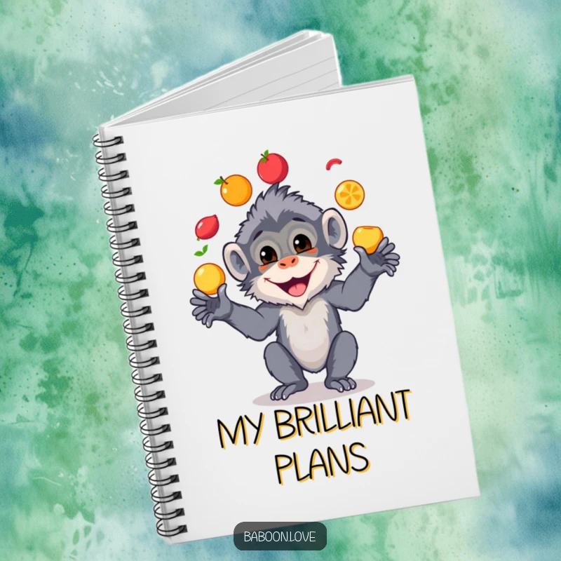 Funny notebook adorned with a cheerful baboon juggling various colorful fruits, perfect for notes, sketches, and funny thoughts.