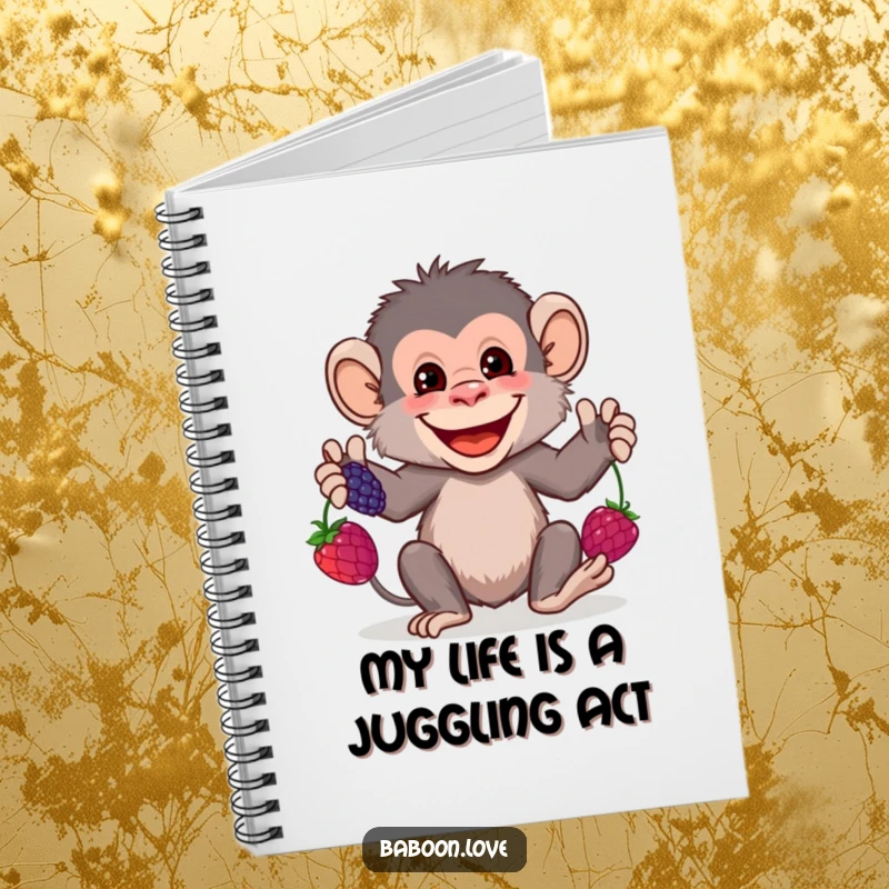 Funny Notebook: A grinning baboon juggles colorful berries, inspiring playful note-taking and creative thought for users with a sense of humor.