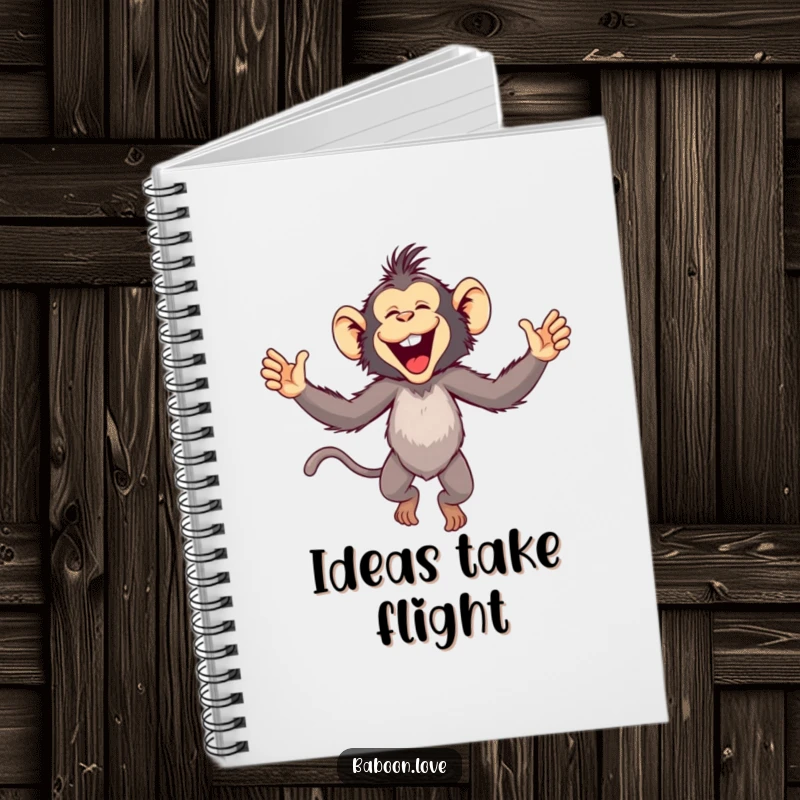 Funny Notebook: A playful baboon leaps joyfully with arms outstretched, inspiring creativity and laughter for note-taking enthusiasts.