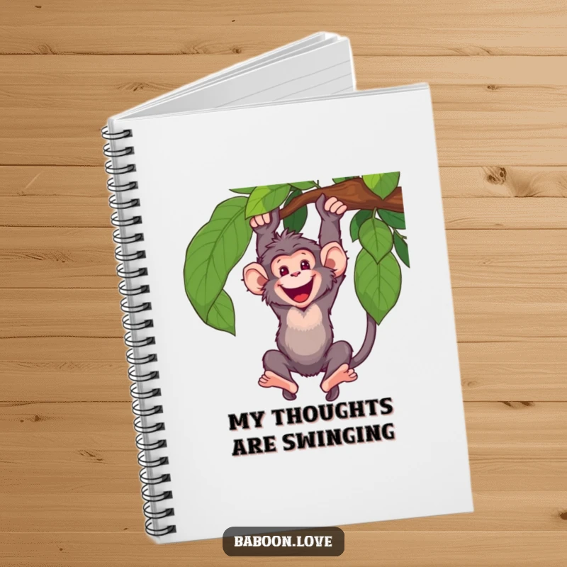 Funny Notebook: A happy baboon swings energetically from a vine, inspiring active note-taking and creative thought for users.
