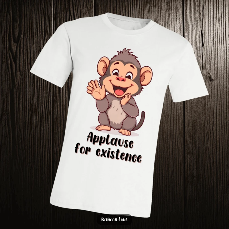 Funny T-Shirt: A cheerful baboon claps its hands together enthusiastically, embodying pure delight and infectious happiness for a wearable treat.