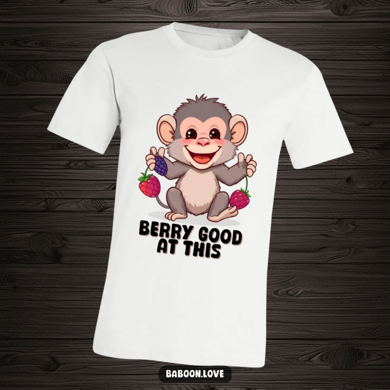 Funny T-Shirt: A grinning baboon juggles three vibrant berries, demonstrating a humorous and impressive skill for a unique wearable.