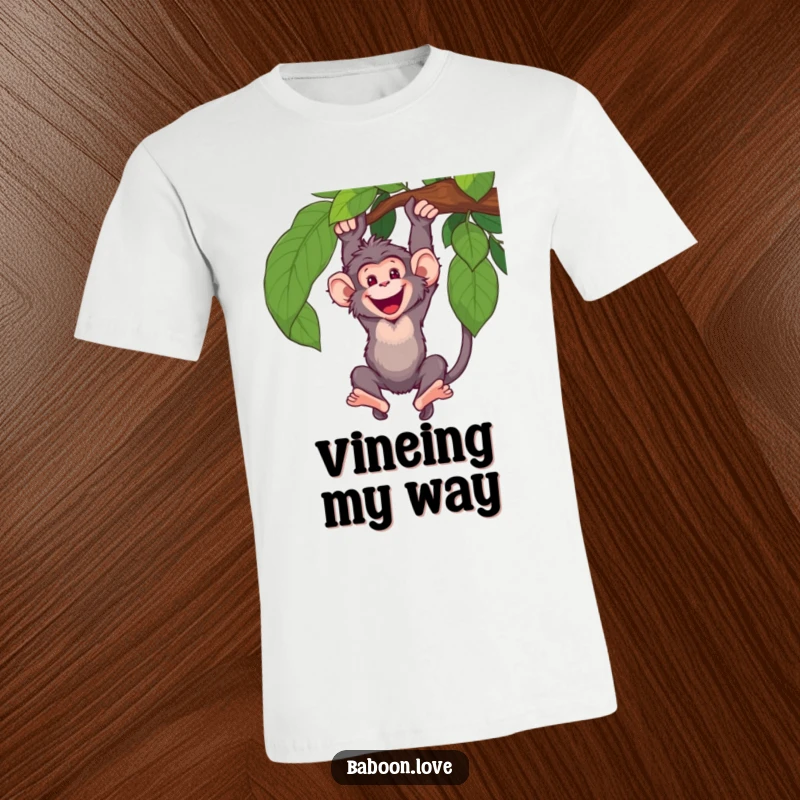 Funny T-Shirt: A happy baboon swings with great enthusiasm from a vine, showcasing pure exhilaration and a love for active fun.