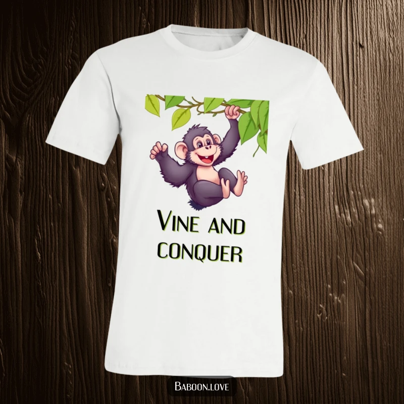 Funny t-shirt design featuring a mischievous baboon sliding down a vine with unbridled glee and a wide, happy grin.