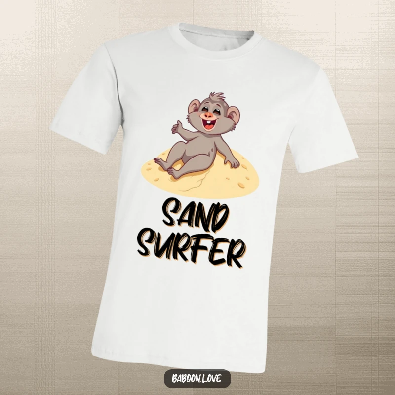 Funny t-shirt showing a happy baboon gleefully sliding down a sandy dune with a contagious giggle and sandy flair.