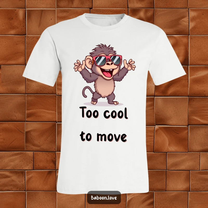 Funny artistic t-shirt featuring a baboon in big sunglasses dancing energetically with pure joy and fun.