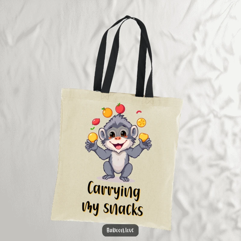 Funny tote bag with a cheerful baboon juggling an assortment of colorful fruits, designed for carrying groceries and good vibes.
