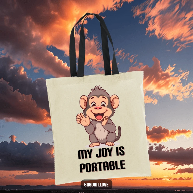 Funny Tote Bag: A cheerful baboon claps its hands together in delight, making a humorous and practical accessory for carrying items with enthusiasm.