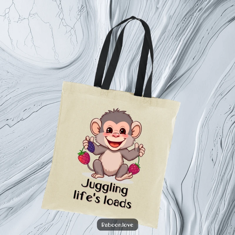 Funny Tote Bag: A grinning baboon juggles three colorful berries, making a humorous and practical accessory for carrying items with a playful twist.
